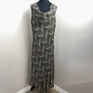 Millenium Dress Women's 16 Cream & Black Abstract Ruffle Hem Sheer Lined Y2K